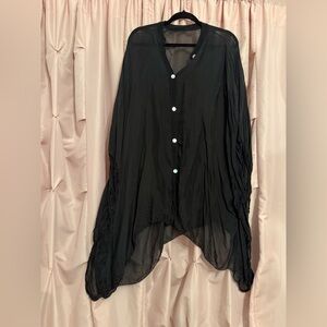 Black silk tunic top button down cover up short dress one size fits most